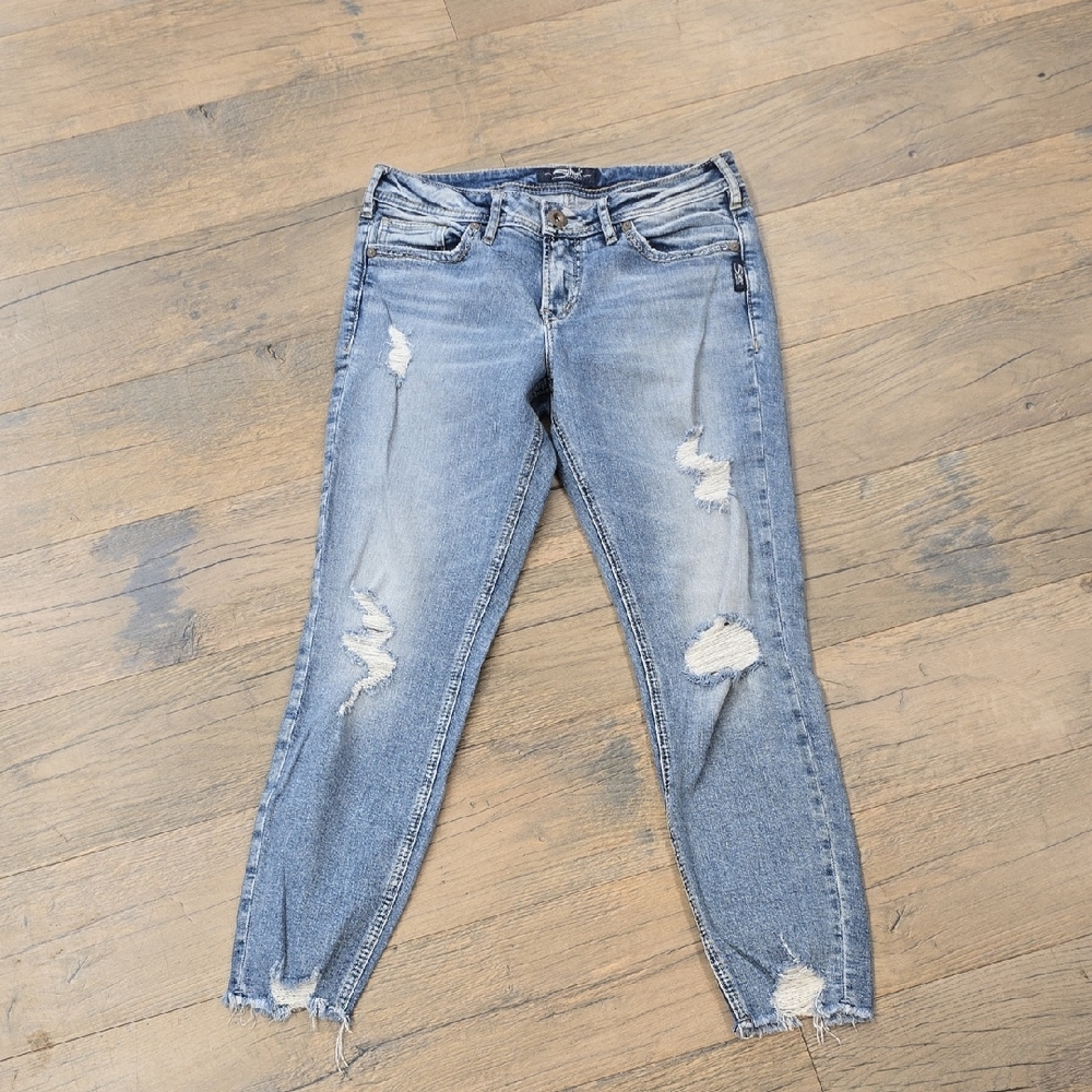 Silver Jeans Suki Skinny Crop Light Blue Distressed Cropped Jeans| Size 29